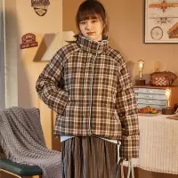 [1折价259.9元,叠加优惠券]唐狮新款羽绒服冬季女宽松格子假两拼接满身印休闲保暖上衣