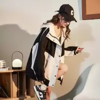 [1折价79.9元叠加优惠券]唐狮外套女春秋新款黑色拼接连帽上衣韩版学院风夹克ins潮