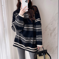 唐狮新款女毛绒绒条纹中长款套头毛线衫慵懒风小个子毛衣PO