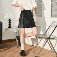 [1.5折价58元]唐狮半身裙女秋季新款皮裙A字裙遮胯显瘦高腰开叉PU黑色半裙