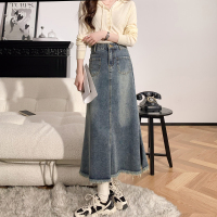 [1.5折价71元]唐狮牛仔裙复古中长款鱼尾裙毛边高腰显瘦A字裙包臀长裙女半身裙