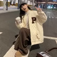 [3件8.5折169.9元,叠加优惠券]唐狮秋冬新款女菱形格左胸字母棉衣外套百搭美式复古高级感