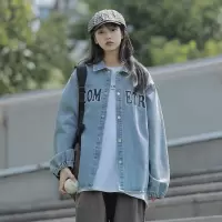 [1折价56.9元叠加优惠券]唐狮牛仔外套女秋季新款韩版休闲运动复古字母衬衫上衣百搭