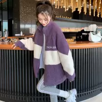[2.5折价149.9元,叠加优惠券]唐狮冬季外套女韩版宽松拼接开衫上衣仿羊羔绒软糯百搭潮