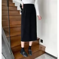 [3件8.5折76.4元,叠加优惠券]唐狮秋冬新款女坑条中长半身裙后开叉简约百搭A字裙气质潮流