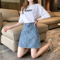 唐狮秋冬新款女满地提花格纹牛仔短裙百搭别致甜酷韩系潮流