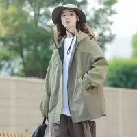 [3件8.5折127.4元,叠加优惠券]唐狮秋季新款女连帽拼色宽松长袖工装外套百搭时尚韩版潮流