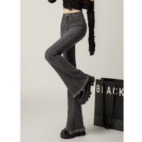 唐狮春秋季牛仔长裤女喇叭裤毛边微喇叭牛仔裤高腰喇叭裤百搭黑色女