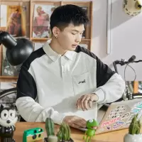 [8.5折价110.4元叠加优惠券]唐狮春秋季新款有翻领卫衣男士长袖polo衫拼接日系港风上衣潮