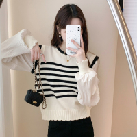 唐狮女条纹马甲拼接假两套头毛衣早秋韩系chic气质穿搭PO