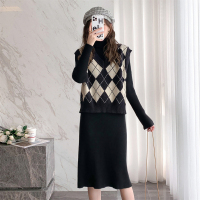 唐狮秋新款菱形格马甲连衣裙两套气质百搭韩系冬季穿搭PO