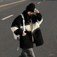 [2.5折价145元]唐狮秋冬新款女立领撞色仿羊羔毛加厚外套设计感百搭高级感气质