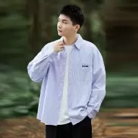 [3件8.5折101.9元,叠加优惠券]唐狮衬衣男长袖衬衫条纹小标长袖衬衫衬衫男长袖衬衫男男士衬衫