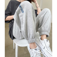 [2.5折价72元]唐狮休闲长裤女款时尚百搭浅麻灰色带标松紧侧边字母卫裤运动裤女