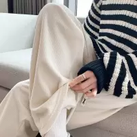 [3件8.5折68元,叠加优惠券]唐狮春秋季款休闲长裤子女时尚灯芯条高腰阔腿裤百搭米白色裤子