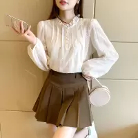 [3件8.5折109.7元,叠加优惠券]唐狮秋季新款女圆领花边长袖衬衫百搭时尚上衣韩系减龄休闲