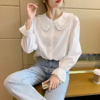 [3件8.5折84.2元,叠加优惠券]唐狮秋季新款女娃娃领花边长袖衬衫百搭减龄时尚别致设计感