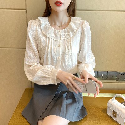 [3件8.5折109.7元,叠加优惠券]唐狮秋季新款女翻领木耳边长袖衬衫时尚百搭减龄韩系别致