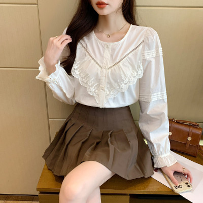 [1.5折价69元叠加优惠券]唐狮秋季新款女圆领花边长袖纯棉衬衫简约百搭时尚淑女温柔
