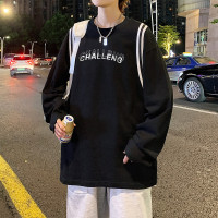 唐狮长袖t恤男t恤男式衣服男装男圆领拼条前胸文字印花男式t恤上衣