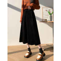 [2.5折价72元]唐狮秋冬新款女丝绒黑色半身裙伞裙高腰百搭时髦简约高级感