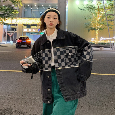 [2.5折价100元叠加优惠券]唐狮秋季外套女韩版宽松显瘦翻领牛仔上衣拼接棋盘格时尚