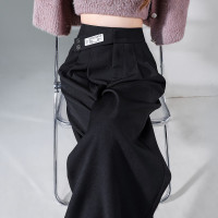 唐狮休闲长裤女高腰宽松压褶休闲阔腿裤时尚百搭黑色腰部细节休闲长裤