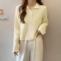 [1折价36.9元,叠加优惠券]唐狮秋季新款女POLO领木耳边长袖T恤百搭潮流减龄韩系