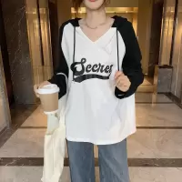 [1折价36.9元,叠加优惠券]唐狮秋季新款女连帽袖子拼接前胸字母长袖T恤时尚减龄百搭