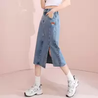 [3件8.5折101.9元,叠加优惠券]唐狮春秋新款牛仔半身裙女高腰显瘦中长款开叉百搭包臀a字裙