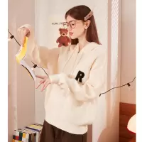 [8.5折价127.4元叠加优惠券]唐狮秋季新款女连帽半开胸字母标帽绳毛衣宽松日系慵懒针织衫G