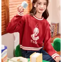 [200元任选3件]唐狮新款女乐一通前胸大图圆领短款毛衣年早秋撞色套头上衣xz
