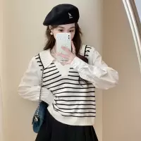 [3件8.5折118.9元,叠加优惠券]唐狮年春秋新款拼接女毛针织开衫薄款条纹气质法式开衫外套PO