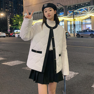 [2.5折价185元]唐狮冬季新款小香风棉衣女圆领小个子菱形格轻薄棉袄外套K