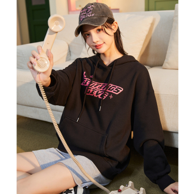 唐狮秋冬新款女卫衣加绒连帽套头宽松ins潮美式高级感上衣