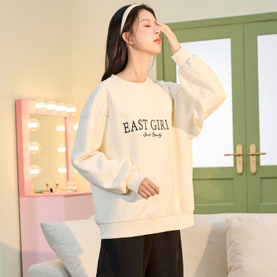 [1.5折价81元]唐狮秋季新款女卫衣圆领宽松小个子减龄上衣蕾丝设计感甜美
