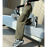 唐狮军绿色工装阔腿裤女春秋新款松紧腰大口袋美式休闲长裤wp