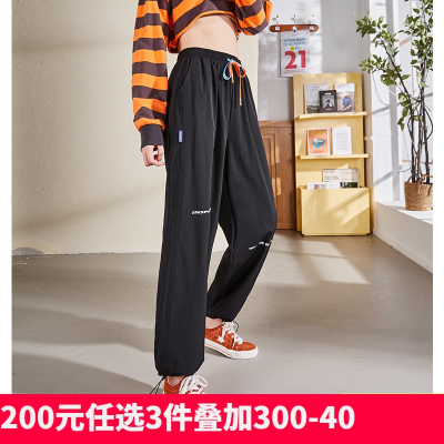 [8.5折价110.4元叠加优惠券]唐狮春新款休闲裤女潮流宽松运动裤高腰显瘦抽绳卫裤黑色裤子