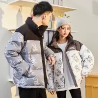 [2件8.8折]唐狮冬季新款情侣羽绒服男女立领面包服满身花拼接加厚外套潮