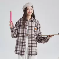 [2件8.8折]唐狮冬季新款格子衬衫女长袖设计感毛呢外套百搭通勤气质上衣