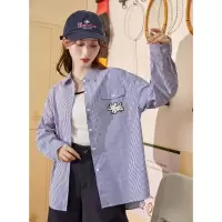 [3件8.5折107元,叠加优惠券]唐狮秋季新款蓝色条纹衬衫女简约休闲百搭衬衣宽松男友风外套