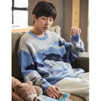 [8.5折价101.9元叠加优惠券]唐狮秋季日系毛衣男生新款满印提花大图案鲸鱼百搭男毛衫外穿