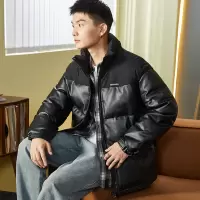 [3件8.5折305.9元,叠加优惠券]唐狮秋冬季新款pu皮棉衣男士拼接立领面包服加厚外套袄子潮牌