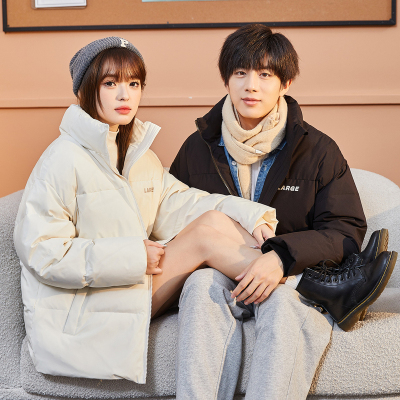 [2.5折价315元]唐狮冬季新款情侣装羽绒服男女立领拼接面包服短款加厚外套潮