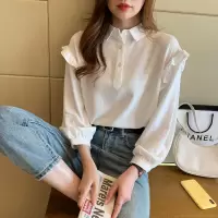 [1折价39.9元叠加优惠券]唐狮衬衣女式新款上衣净色木耳边长袖衬衫韩版设计感小众百搭