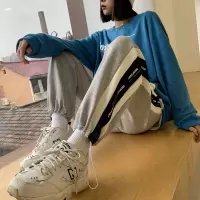 [1折价39.9元,叠加优惠券]唐狮春秋女休闲裤宽松休闲卫裤侧边嵌条针织运动裤束脚抽绳休闲长裤女
