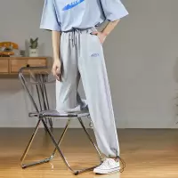 [1折价39.9元,叠加优惠券]唐狮春秋季运动裤女浅麻灰色宽松束脚裤新款直筒抽绳阔腿休闲卫裤女