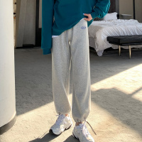 [1.5折价55元]唐狮运动裤女宽松休闲椭圆字体绣花束脚抽绳直筒卫裤麻灰色运动长裤女