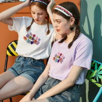 唐狮女式T恤上衣夏季新款圆领前片印花宽松T恤韩版百搭款