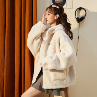 唐狮秋冬季外套女新款仿羊羔绒连帽动物耳朵外套可爱学院风潮